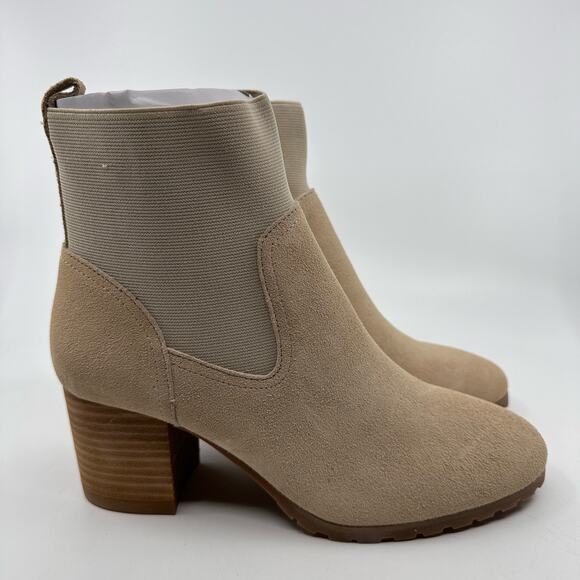 Violet & Red Loaded Knit Cuff Bootie Block Heel Faux Suede Tan Womens Size US 10 - Picture 4 of 9